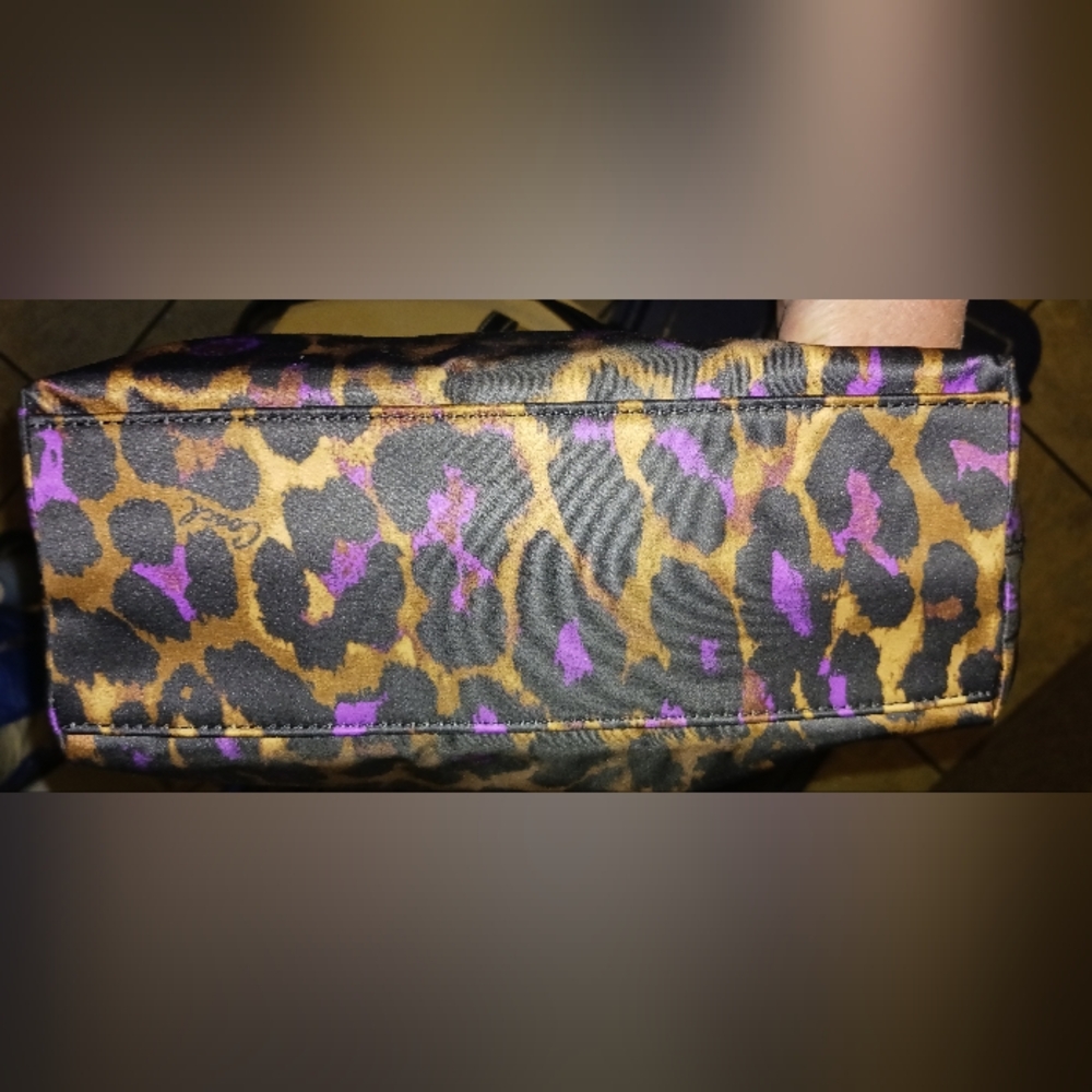 Coach Leopard Print Tote Shoulder Bag Black Purple Nylon Canvas Purse - Picture 3 of 5